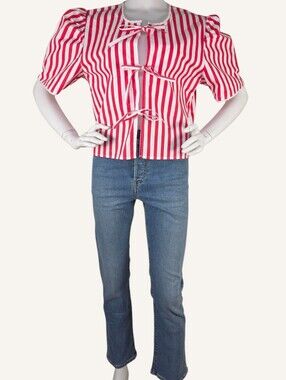 Brunette The Label Red Stripe Tie Front Poplin Top M/L NWT Cottagecore